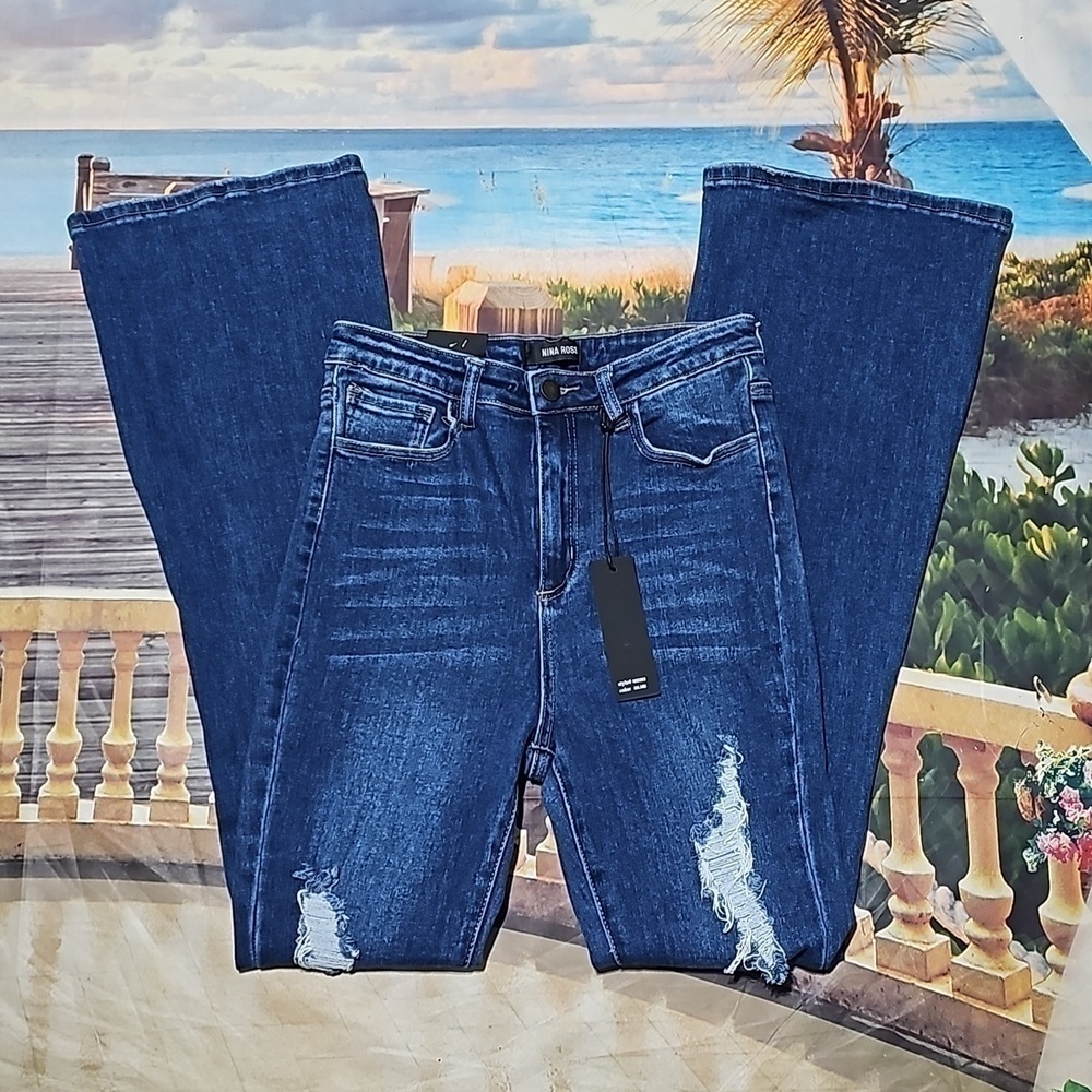 Nina Rossi Distressed Super High‎ Rise Flare Jeans Size 9 NWT
